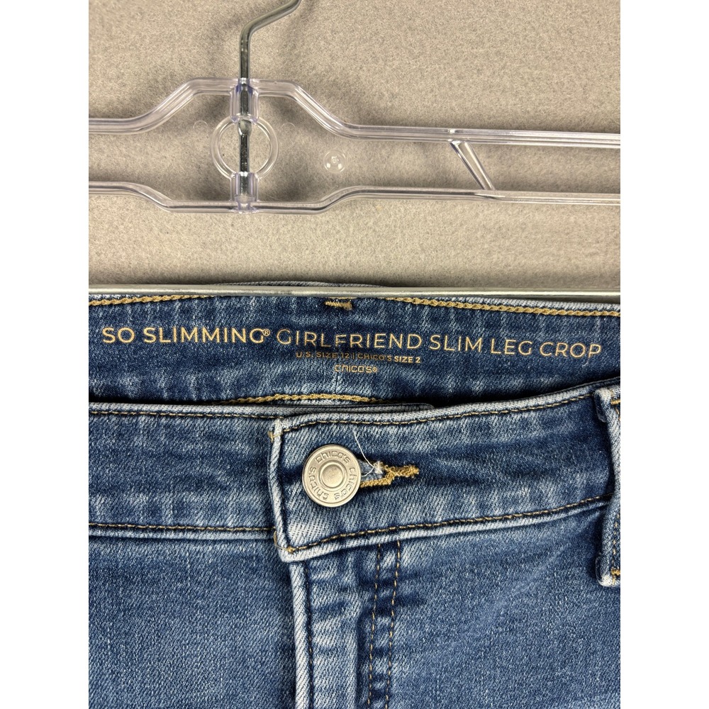 Chico's So Slimming Girlfriend Slim Leg Crop Frayed Hem Jeans 12 Blue - Picture 5 of 10